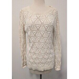 Tommy Hilfiger Ivory Diamond Open Knit Sweater sz M Pom Pom Preppy Classic
